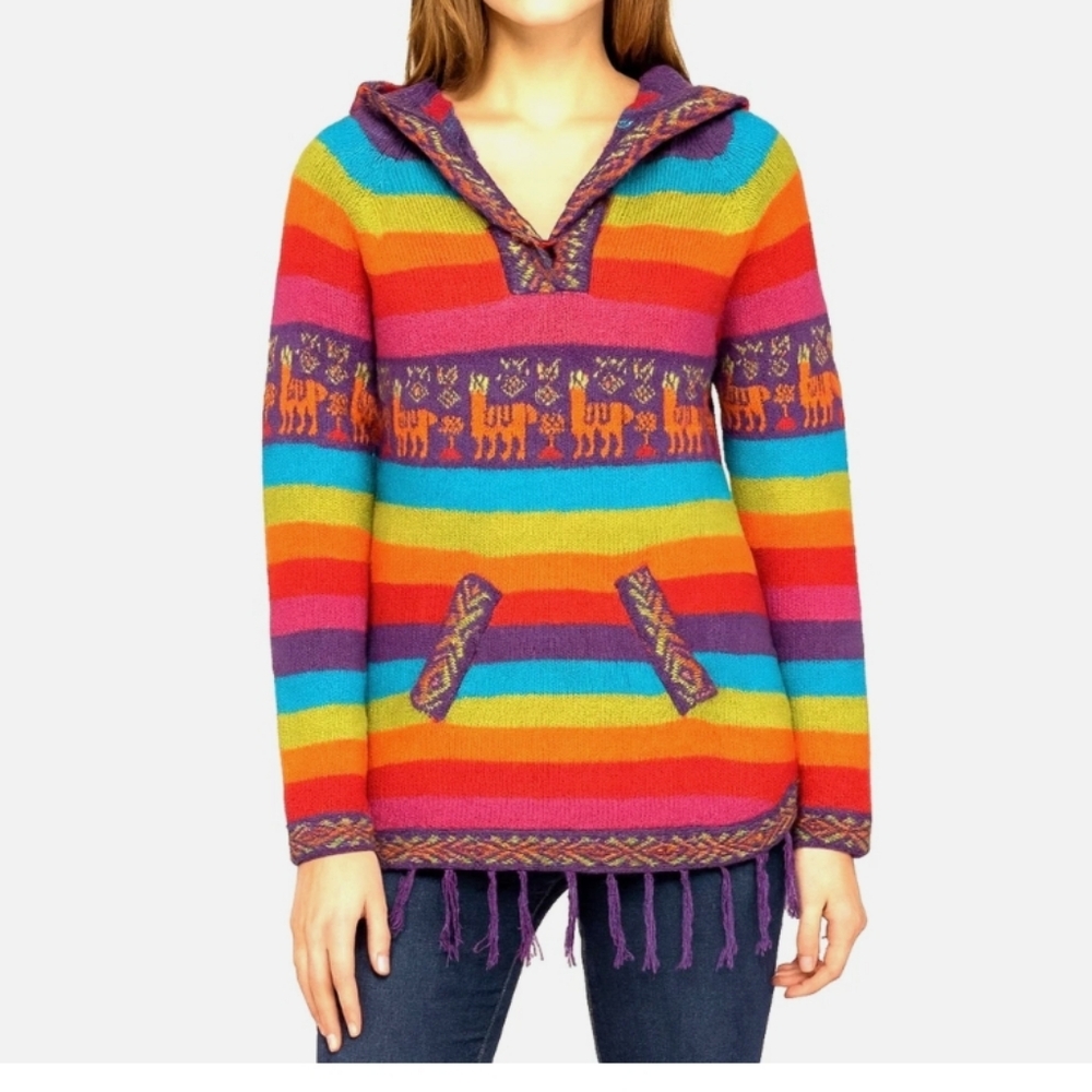 Women Ethnic Aztec‎ Sweater Stripped Rainbow Orange-Purple SzS Hood- Pullover